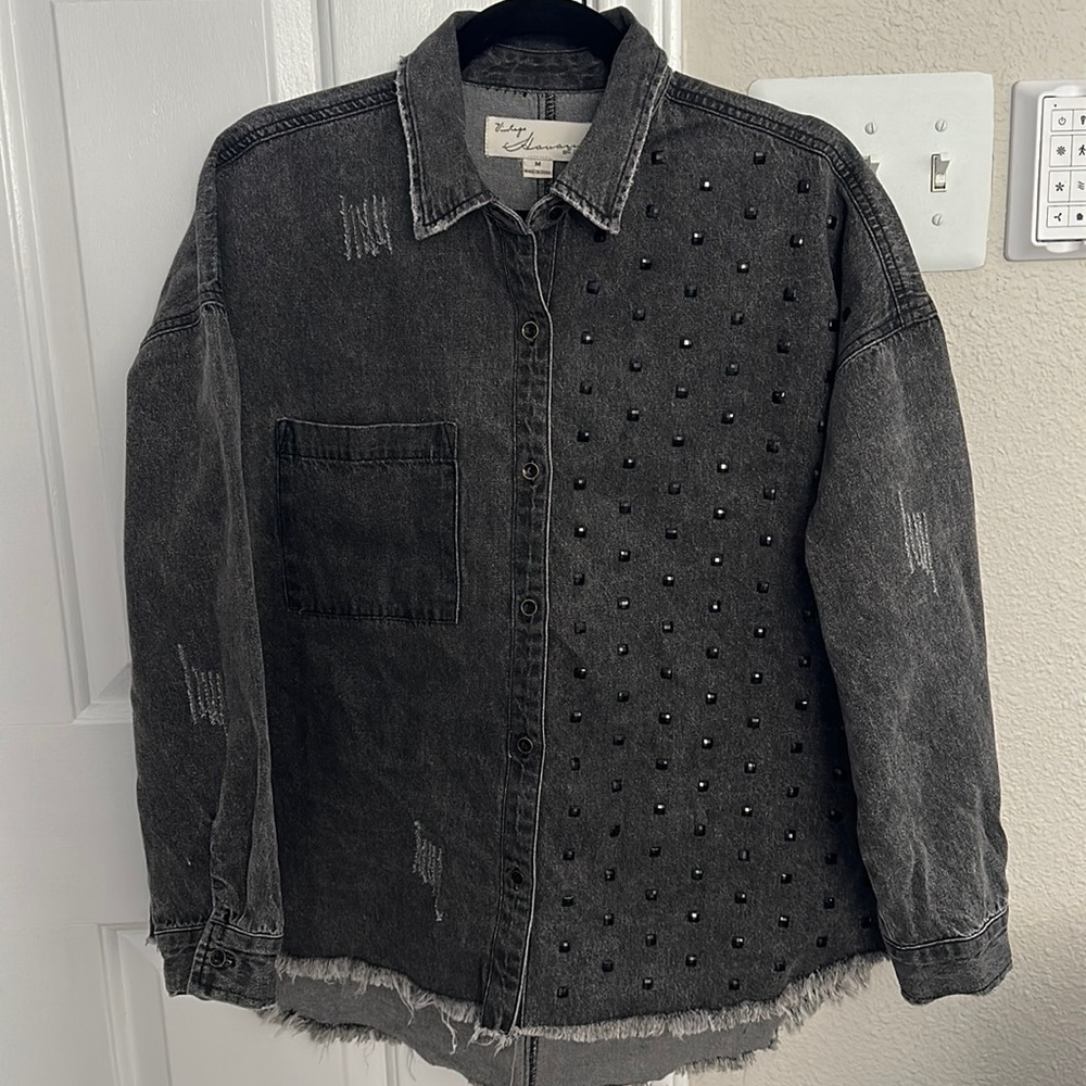 Jeweled Embellished Oversized Denim Shirt